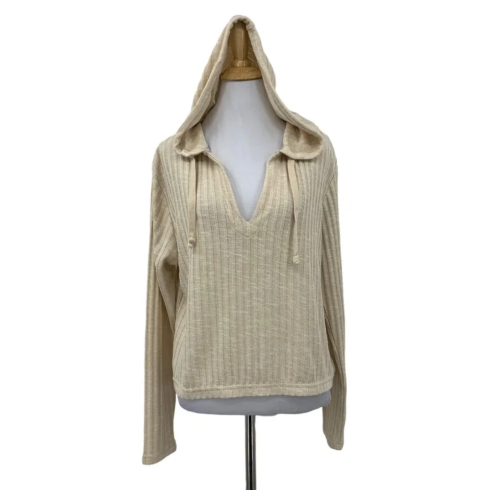 RVCA Cropped Hoodie Women L Large Beige V Neck Knit Pullover Long Sleeve Sweater